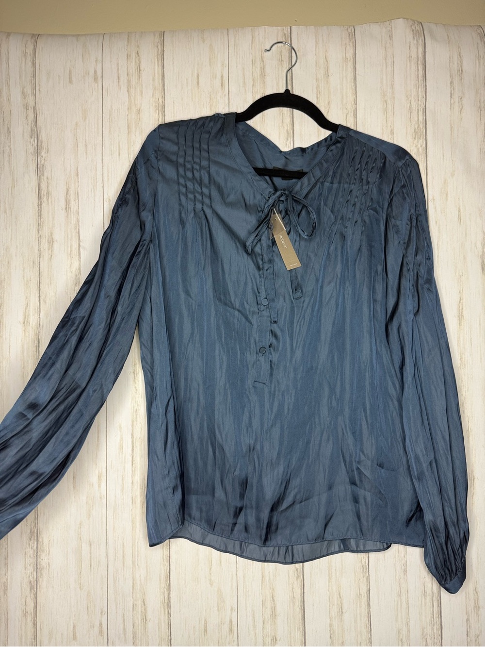 J Crew NWT Silky Tie-Neck Long-Sleeve Blouse Steel Blue Large